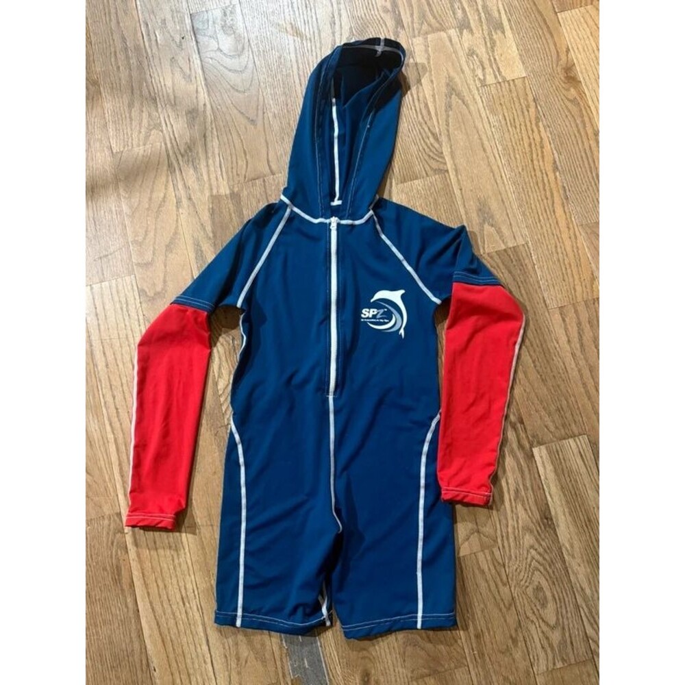 Sunskinz Swimsuit Size 8 SPZ Hooded Full Body Rash Guard UPF Sun Suit Blue Red